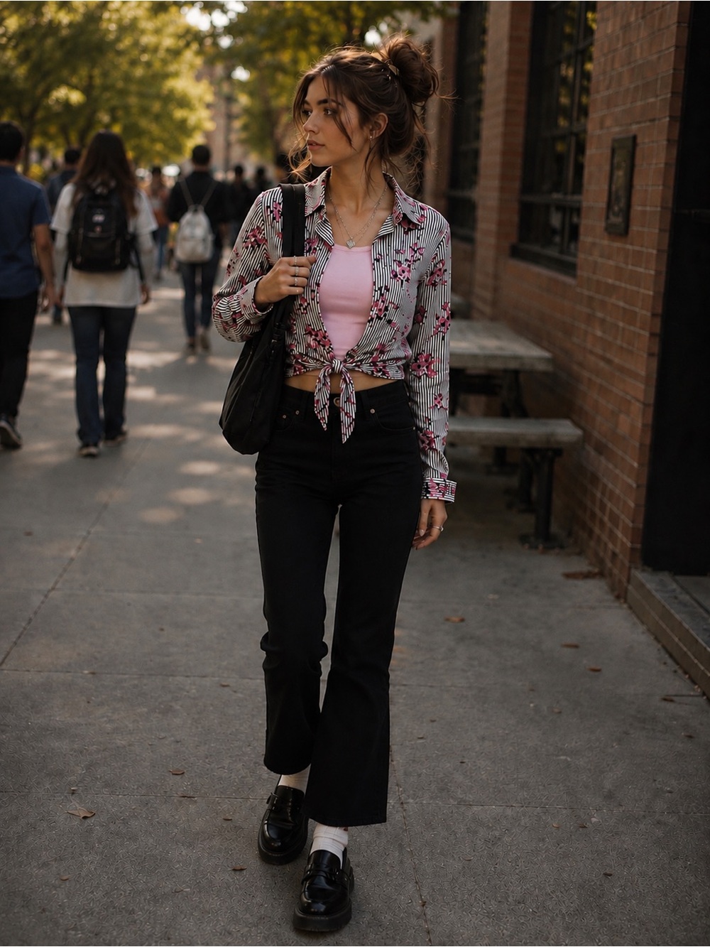 BeBop Striped Pink Floral Tie Front Button Down Blouse | NWOT